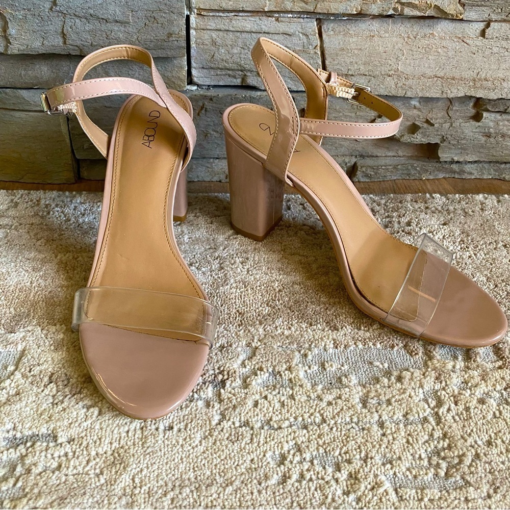 Abound Clear Strap Pumps Heels Open Toe Sandals Nude Pink Patent Faux Leather